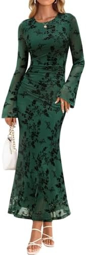 ZESICA Women's Long Sleeve Floral Bodycon Dress 2025 Fall Fashion Ruched Mesh Wedding Guest Cockt... | Amazon (US)