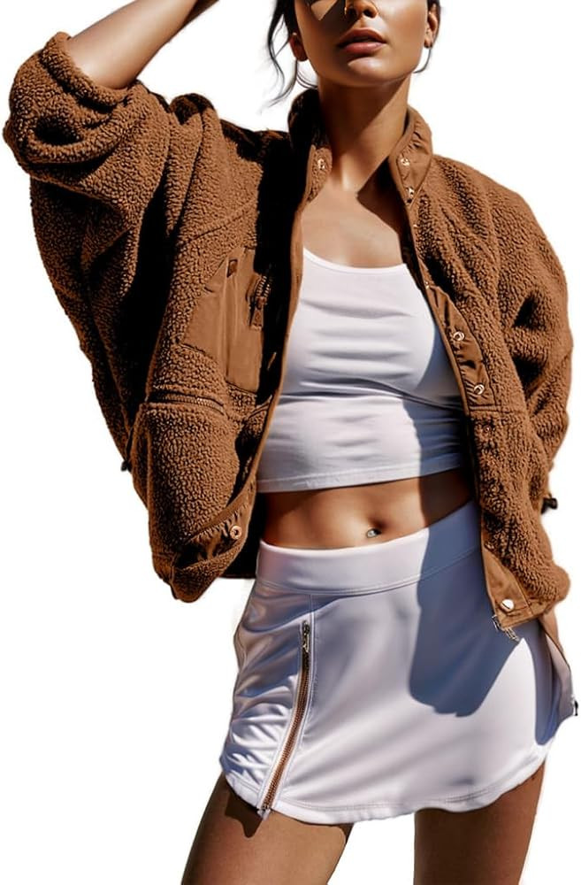 QIBABU Womens Fuzzy Fleece Jacket Long Sleeve Winter Short Coats Warm Button Down Sherpa Fleece J... | Amazon (US)