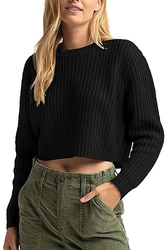 Women's Crop Sweater Knitted Crew Neck Long Sleeve Casual Loose Cropped Pullover Sweater Top Black XS | Amazon (US)