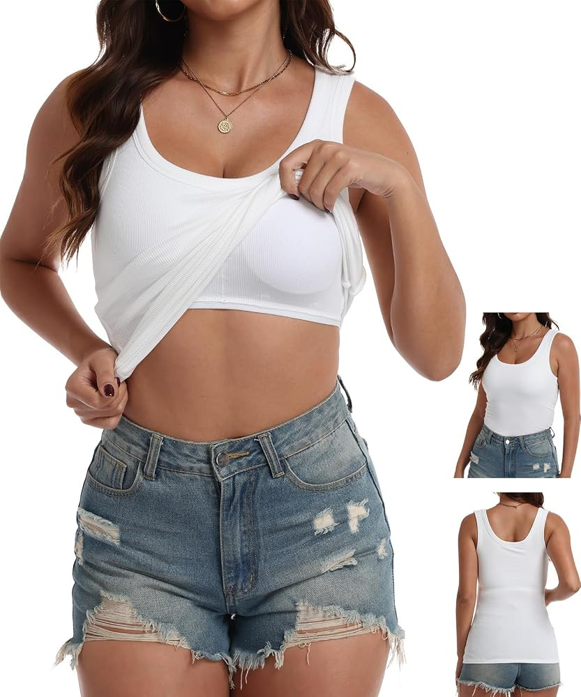 BIDITANLE Women Built-in Bra Ribbed Fitted Racerback Tank Tops Casual Basic Sleeveless Cami Shirt... | Amazon (US)