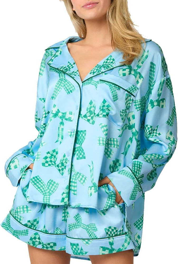 Women Cute Christmas Pajamas 2 Piece Lounge Set Long Sleeve Shirts and Shorts Y2k Pajama Sets Sle... | Amazon (US)