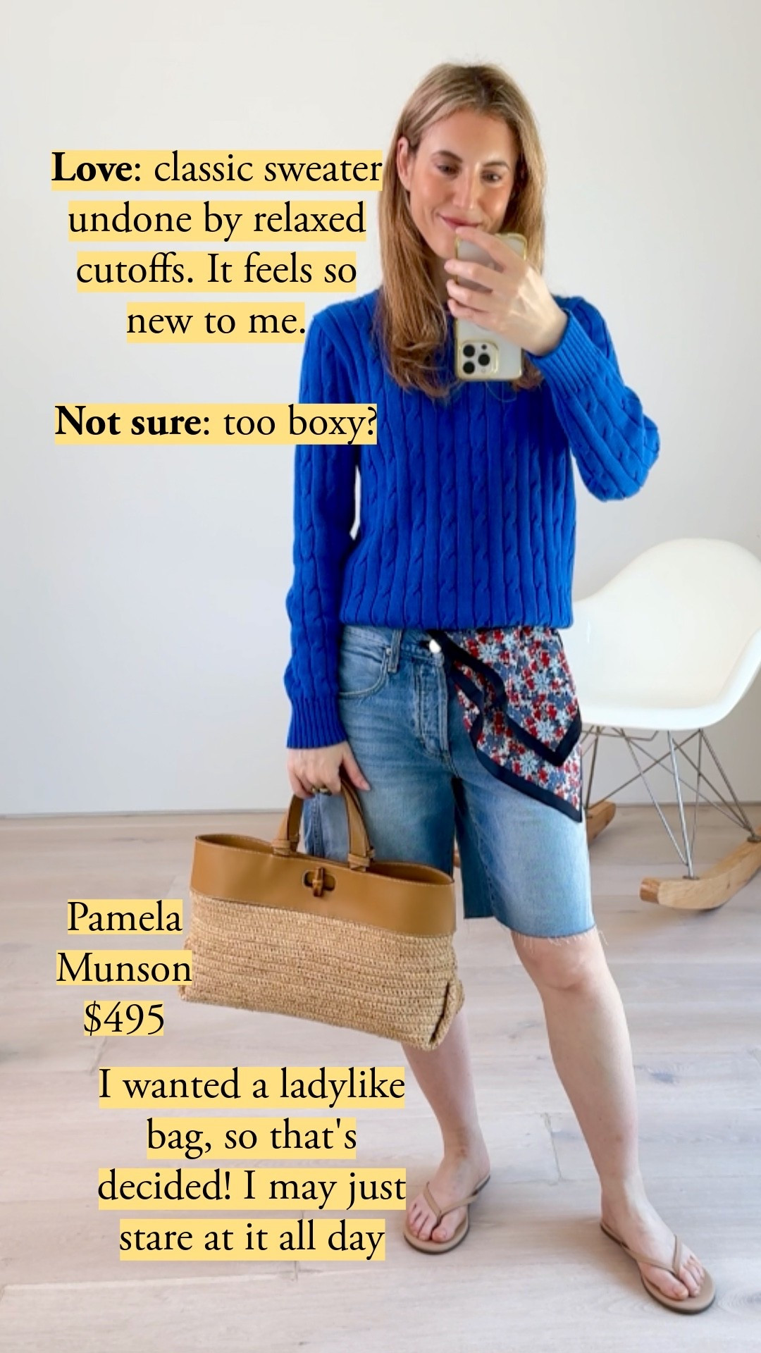 A Polo Ralph Lauren cable-knit crewneck undone with Madewell denim bermuda shorts for an easy summer look. The Uniqlo silk scarf ties onto an Amazon stretch belt so it stays put all day. Finished with a Pamela Munson straw tote and Tkees skintone minimal flip flops.
#LTKstyletip #LTKsummer #LTKfindsunder50 #ralphlaurensweater #madewellshorts #silkscarf #strawtote #bermudashorts

#LTKootd #LTKSaleAlert