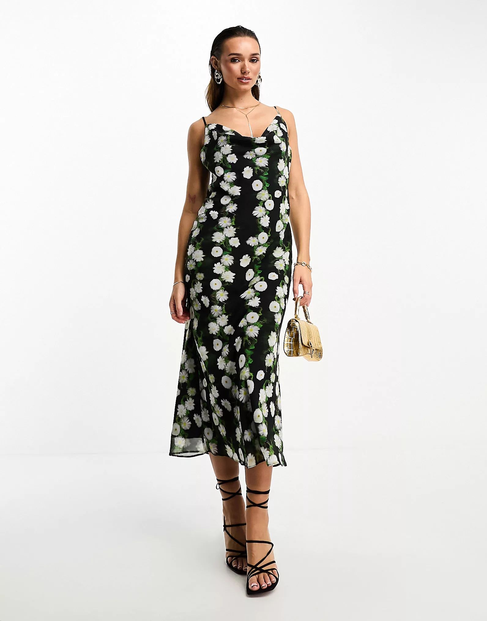 ASOS DESIGN chiffon cowl neck midi slip dress in blurred floral print | ASOS (Global)