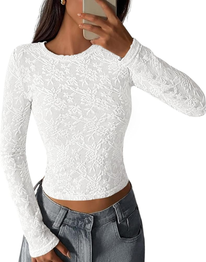 PRETTYGARDEN Women's 2025 Fall Long Sleeve Lace T Shirts Crewneck Silm Fit Embroidered Fashion Me... | Amazon (US)