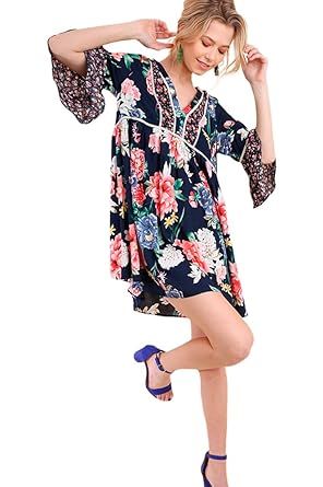 Umgee Women's Botton up Floral Print Party Tunic Top Dress | Amazon (US)