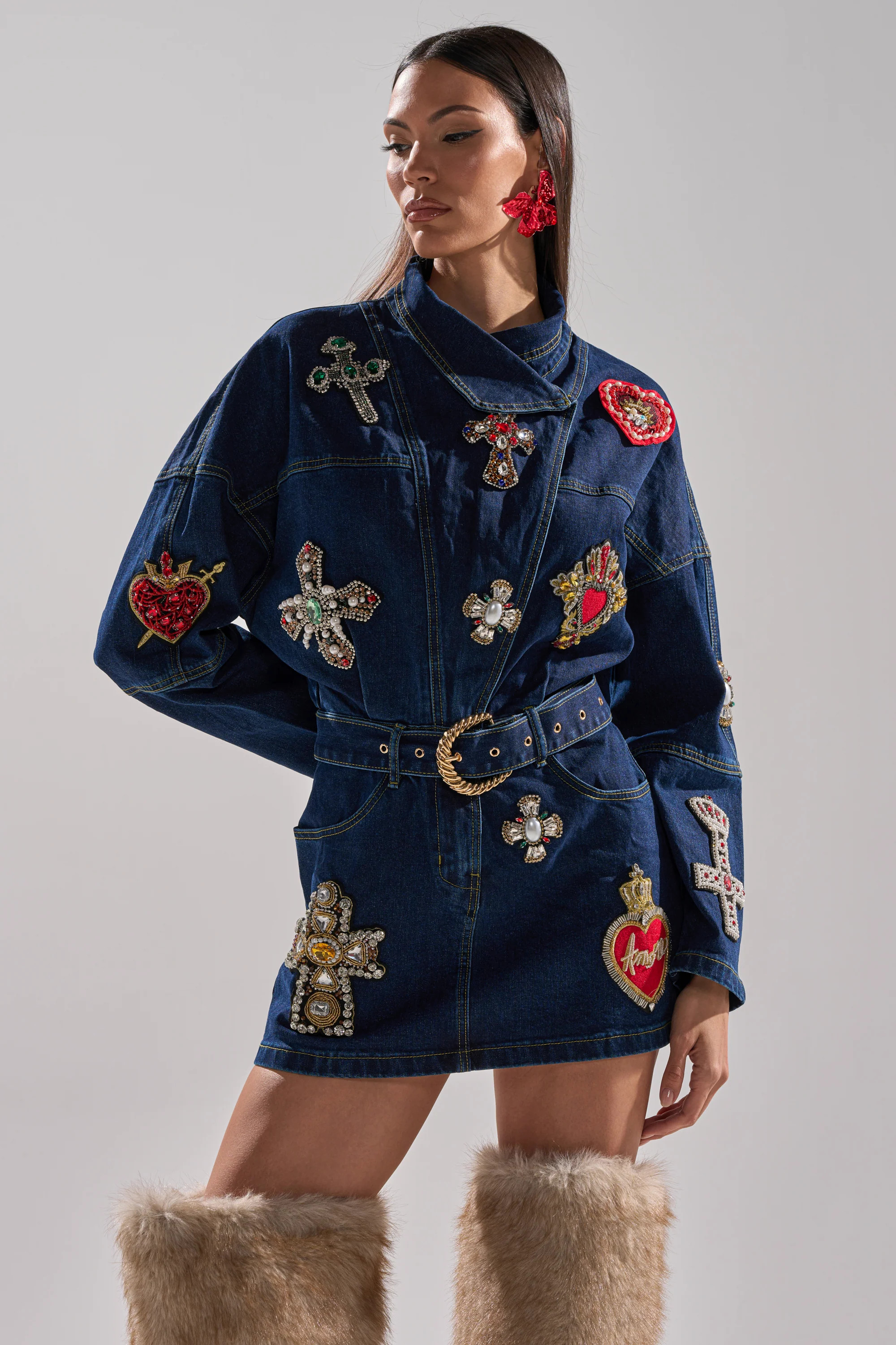 PRETTIEST PROBLEM DENIM PATCHWORK MINI DRESS | AKIRA