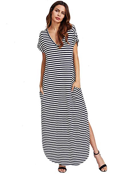 Verdusa Women's V Neck Side Pockets Split Hem Beach Long Maxi Dress | Amazon (US)