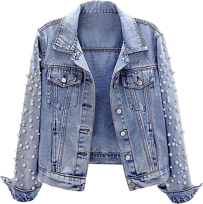 SCOFEEL Women's Oversized Distressed Denim Jacket with Pearls | Amazon (US)