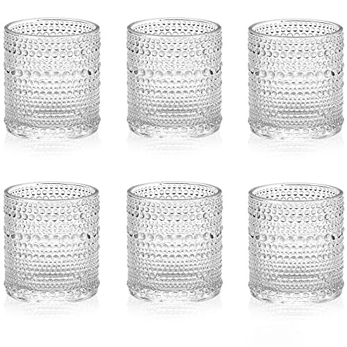 cosnou Mini Rock Glasses, 6.5 oz（200ml） Small Whiskey Glasses Shot Glass Hobnail Drinking Glasses Set 6, Embossed Vintage Glassware Set for Beer, Cocktail, Soda, Beverage Clear | Amazon (US)