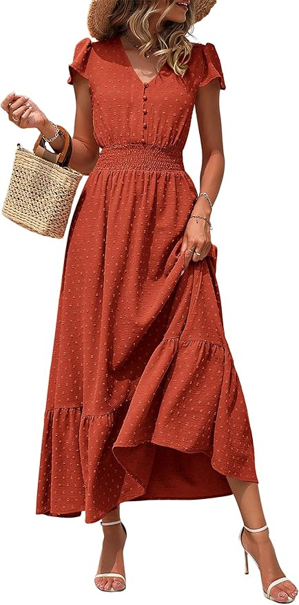 PRETTYGARDEN Womens Dresses 2025 Summer Maxi Dress Boho Short Sleeve V Neck Swiss Dot Ruffle Tier... | Amazon (US)