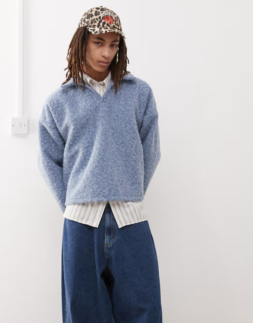 Reclaimed Vintage textured boxy oversized polo jumper in baby blue-Navy | ASOS (Global)