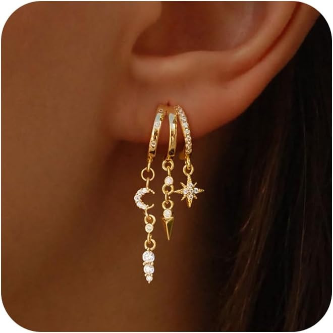 Dangle Earrings For Women,Dainty 14K Gold Plated Hypoallergenic Small Triple Huggie Hoop Earring ... | Amazon (US)