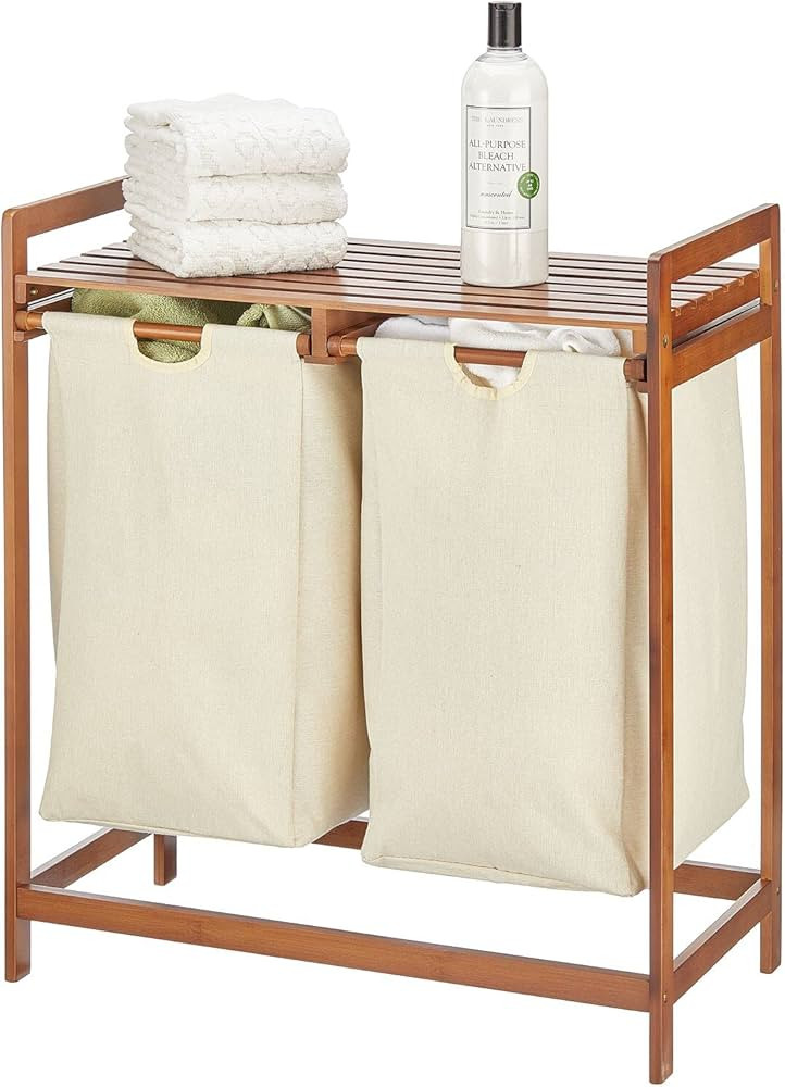 mDesign Freestanding Bamboo 2 Section Double Laundry Organizer Hamper with Removable Storage Sort... | Amazon (US)