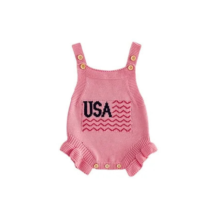 BemeyourBBs Newborn Baby Girl 4th of July Outfit Knit Sweater Romper Overalls Patriot Independent Day Summer Clothes USA Flag Letter Embroidered Ruffled Trim Square Neck Sleeveless Bodysuit Jumpsuit | Walmart (US)