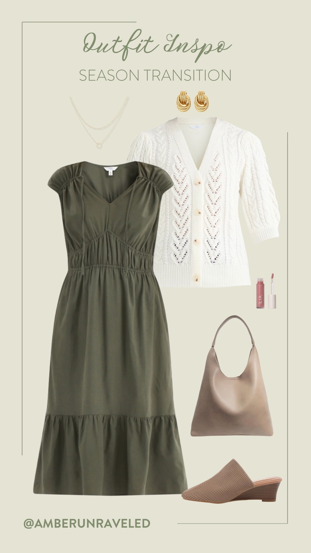 Time to embrace the shift in weather with this easy-to-wear and stylish outfit! Style an olive dress with a knitted eyelet white cardigan, a pointed-toe wedge mule, and a hobo bag!
#brunchoutfit #coffeedate #dressystyle #affordablelook

#LTKStyleTip #LTKSeasonal #LTKU