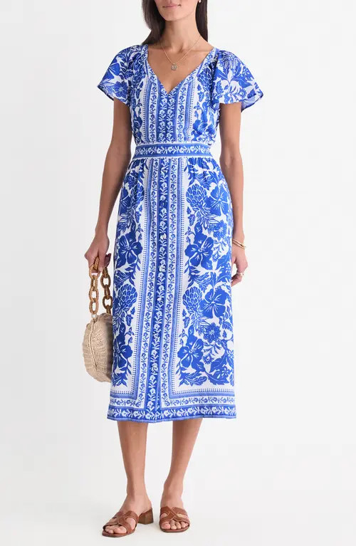 vineyard vines Britt Floral Short Sleeve Midi Dress in Scarf Print White at Nordstrom, Size X-Large | Nordstrom