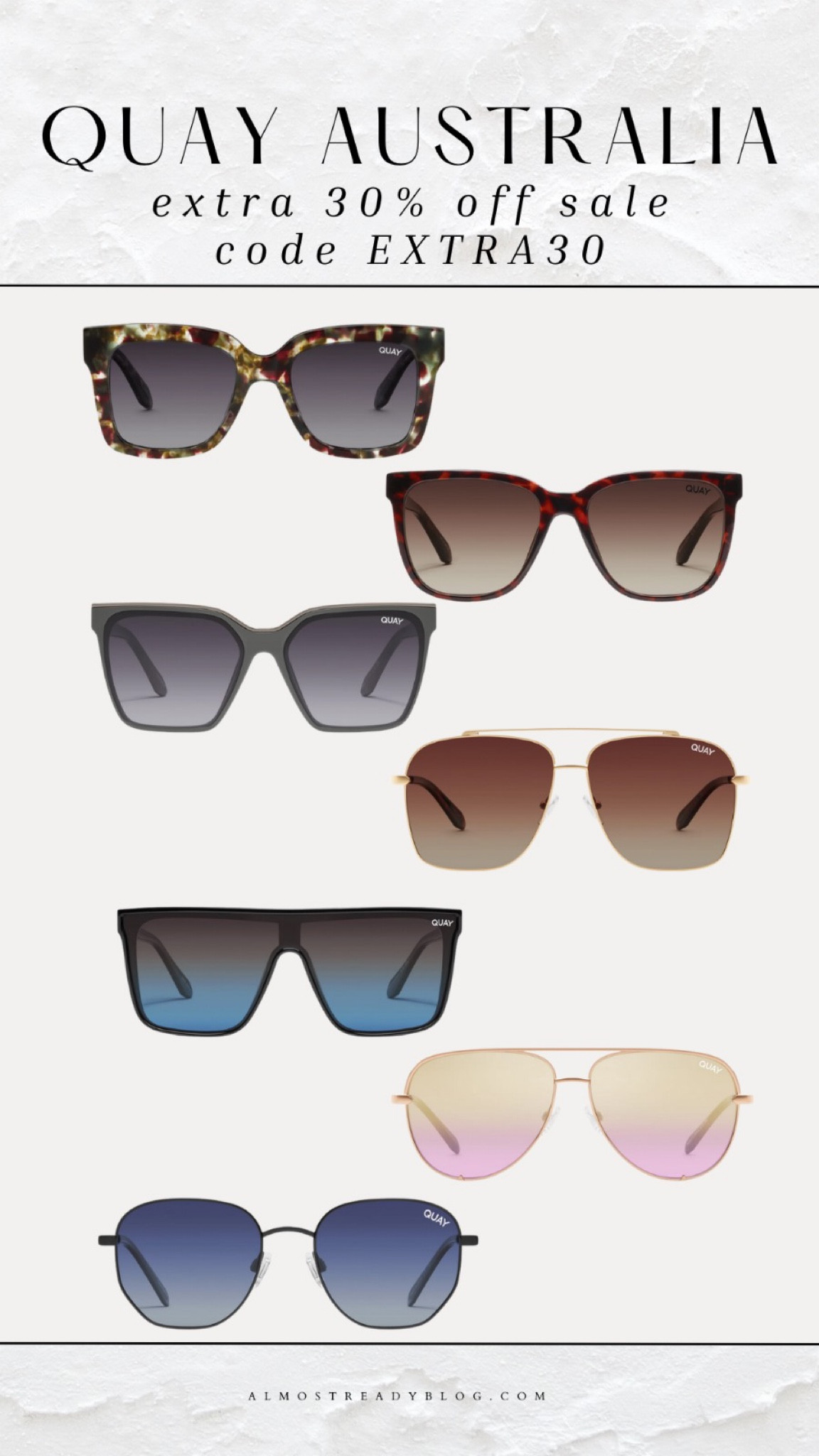 Quay Australia extra 30% off sale code EXTRA30 

#LTKSaleAlert #LTKFindsUnder100 #LTKFindsUnder50