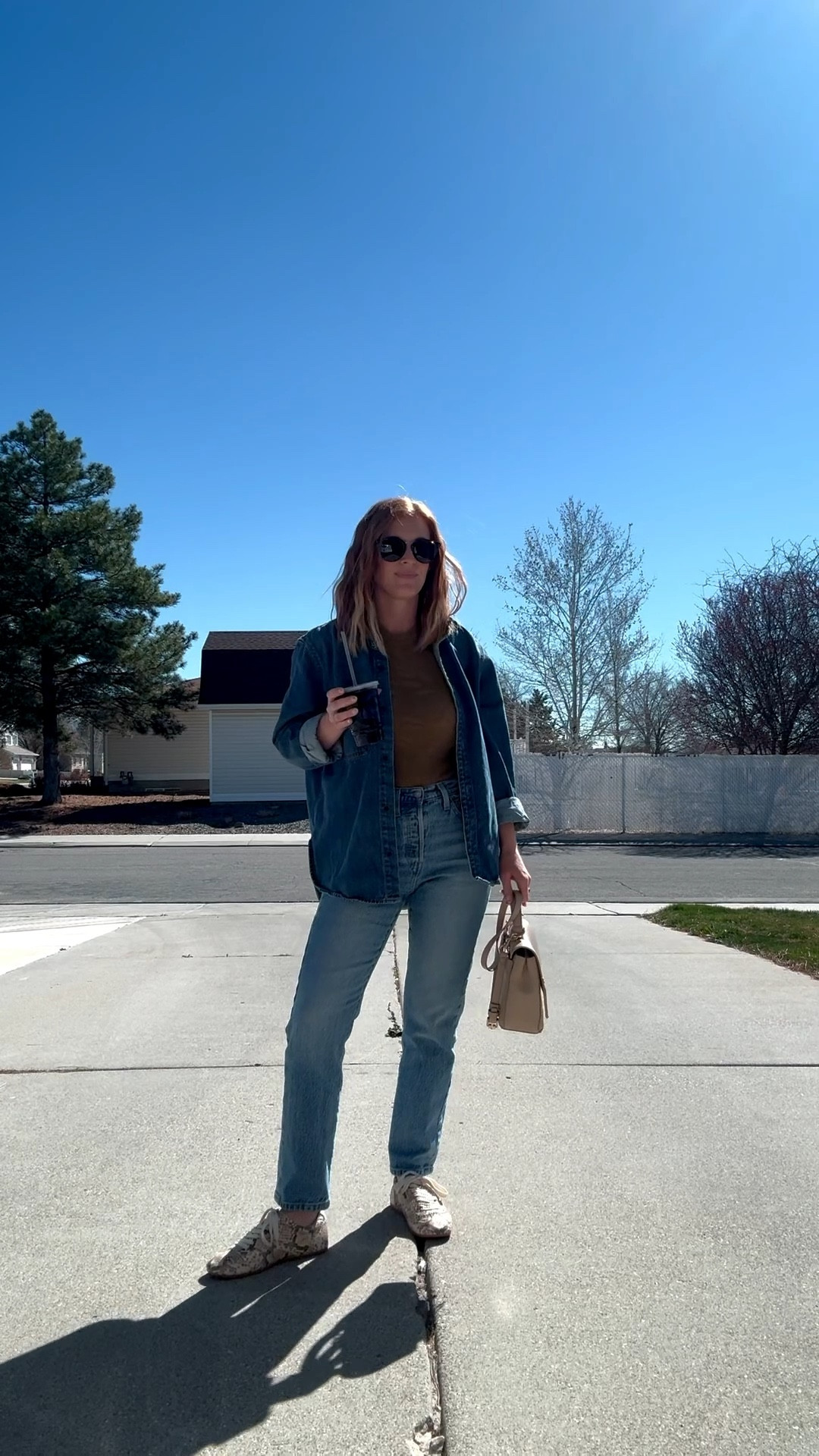 Tank is a Small
Shacket is a Medium
Jeans I size up one to a 26 waist 28 length 
Shoes are true size 7.5
Bag is so old 