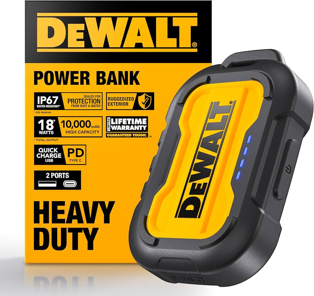 DEWALT Heavy Duty Portable Charger, Power Bank, Travel Worksite 10,000 mAh Battery Pack with USB-... | Amazon (US)