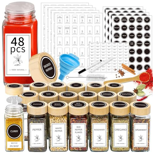 Aliggbent Spice Jars with Lable, 48 Pcs 4 oz Glass Spice Jars with Bamboo Lids, Spice Containers Bottles, Glass Seasoning Jars with Shaker Lids, Collapsible Funnel, for Spice Racks, Pantry,Cupboard | Amazon (US)