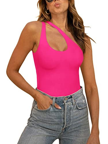 REORIA Women's Summer Sexy One Shoulder Cutout Front Sleeveless One Piece Tank Tops Backless Thong Bodysuits Leotards For Going Out Neon Rose Red Small | Amazon (US)