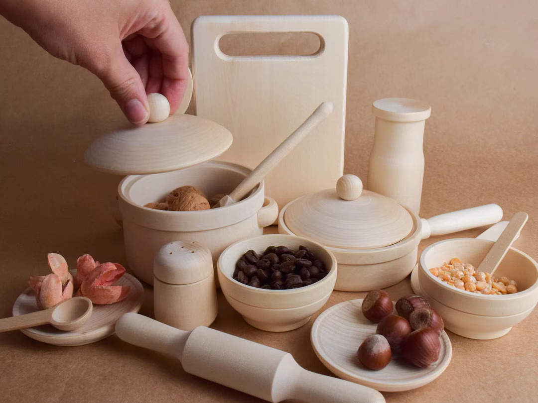 Wooden Play Kitchen Dishes Set Toy for Kids, Wooden Play Kitchen Accessories, Gift for Toddlers -... | Etsy (US)