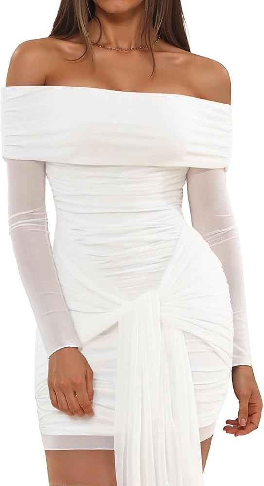 Off The Shoulder Mesh Dress Long Sleeve Ruched Bodycon Dress for Women Tie Waist Dresses | Amazon (US)
