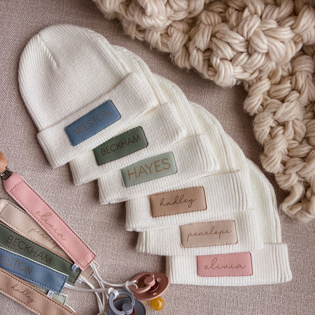 Personalized Newborn Leather Patch Beanie | All Colors | Caden Lane