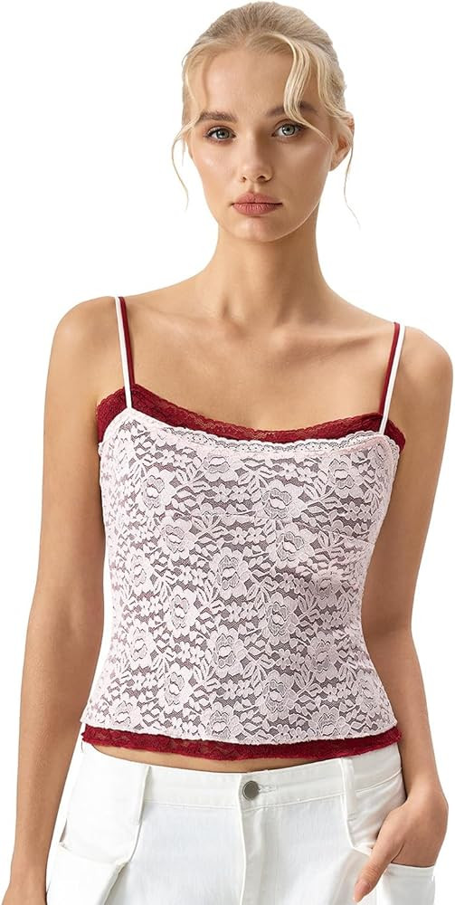 QINSEN Women's Double Layer Lace Camisole Tank Scoop Neck Summer Y2k Going Out Trendy Cami Shirt | Amazon (US)