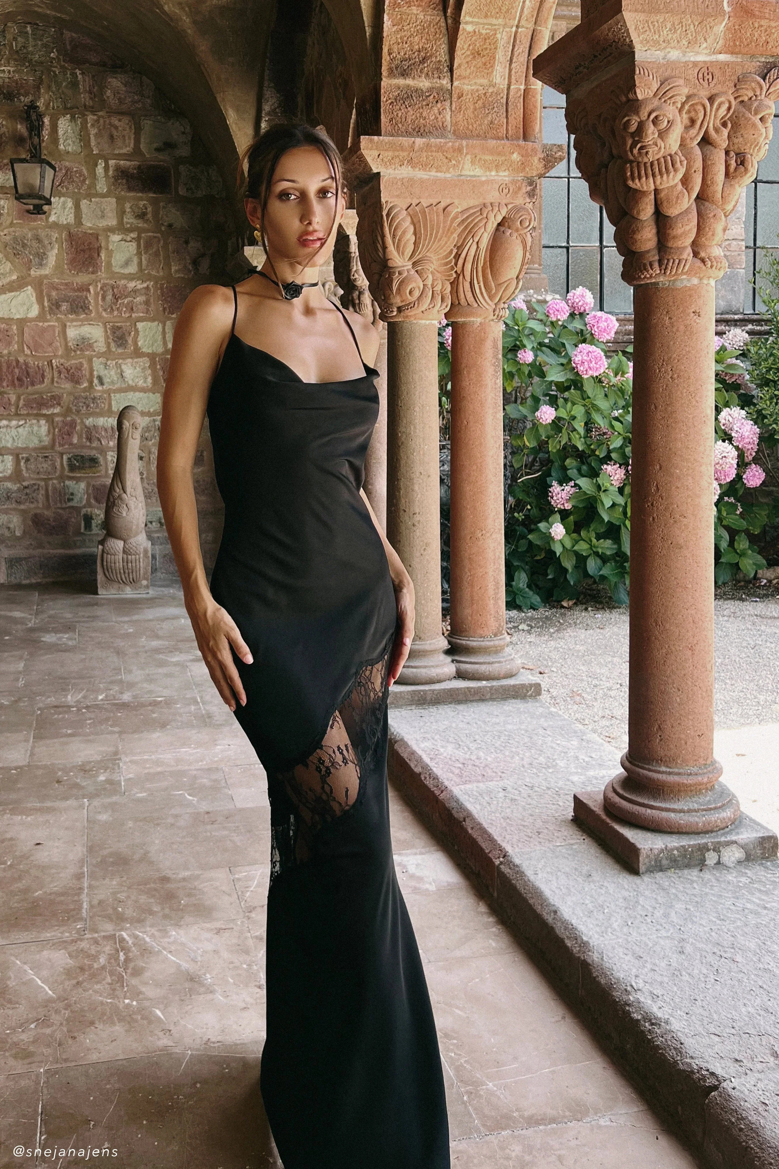 Chandra Lace Detail Satin Maxi Dress - Black | MESHKI US