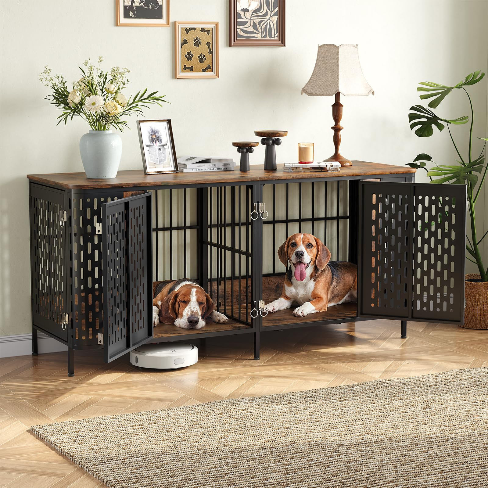 Dog Crate Furniture for 2 Dogs, Indoor Heavy Duty Dog Crate with Removable Divider and 4 Doors, E... | Amazon (US)