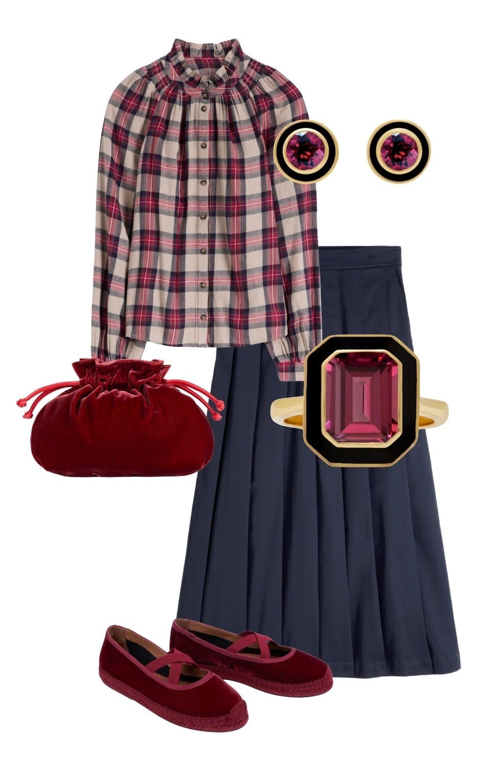 Tartan is the autumn / winter go-to for a reason! Partner cheerful and timeless check blouses with elegant taffeta midi skirts for a refined, elegant winter outfit 💫

Erica Full Check / Tartan Frill Blouse & Aya Navy Sateen Taffeta Skirt (available in petite, regular and long)- NEW at Boden

Chico Velvet Espadrilles and Puffball Velvet Bag in Moroccan Red - NEW at Penelope Chilvers 

Red & Black Enamel Stud Earrings and a dazzlingly pretty Cocktail Ring - Augustine Jewels at Wolf & Badger

#LTKshoes #LTKstyletip #LTKbag #LTKluxury #LTKuk #LTKeurope #LTKluxury