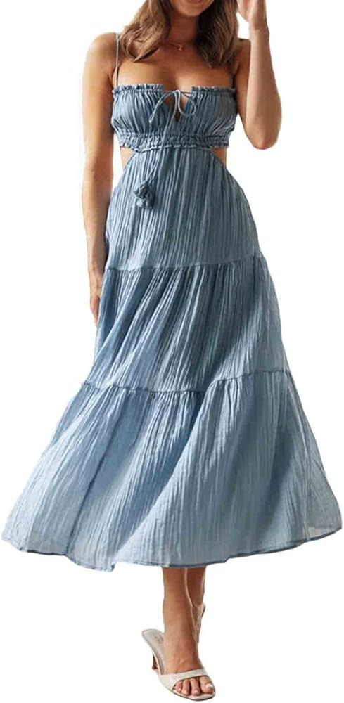 Womens Summer Spaghetti Strap Long Dress Boho Low Cut Dress Backless Bodycon Midi Dress Bohemian ... | Amazon (US)