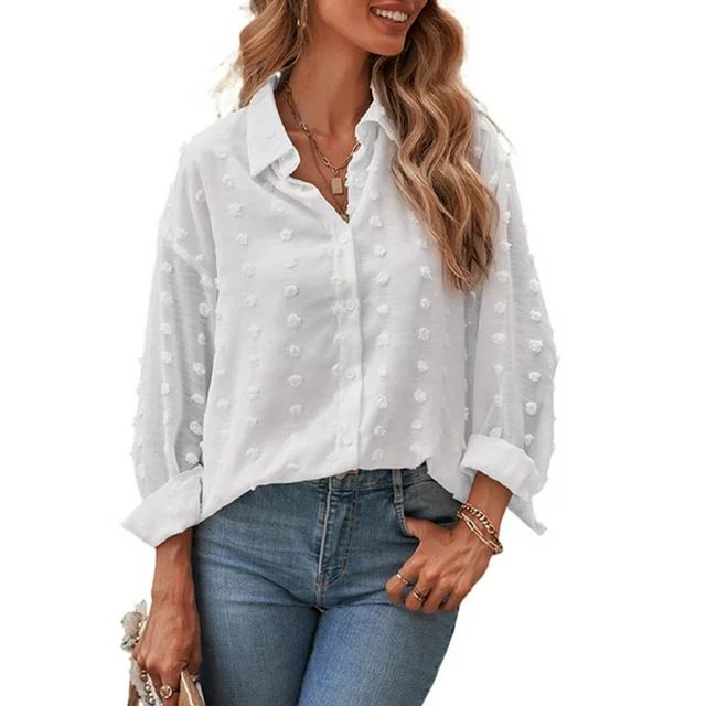 Wataxii Womens White Long Sleeve Shirt Fall Button Down Shirts V Neck Collar Womens Shirts Dressy... | Walmart (US)