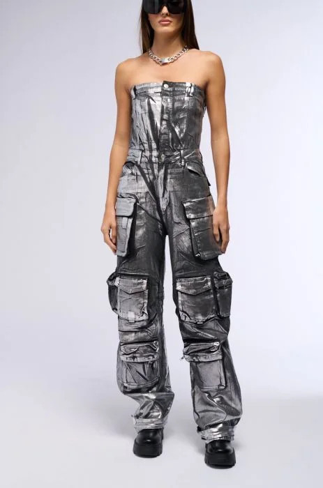 STAR OF THE SHOW METALLIC DENIM JUMPSUIT IN BLACK SILVER | AKIRA