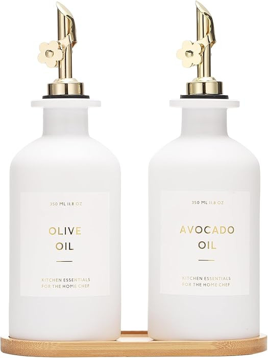 HOMCDALY Olive Oil Dispenser for Kitchen, 11.8oz Glass kitchen Dispenser Bottle, Gold Oil&Vinegar Cruet Set, Leakproof Oil Containers for Cooking| Set of 2 (11.8oz – Gold) | Amazon (US)
