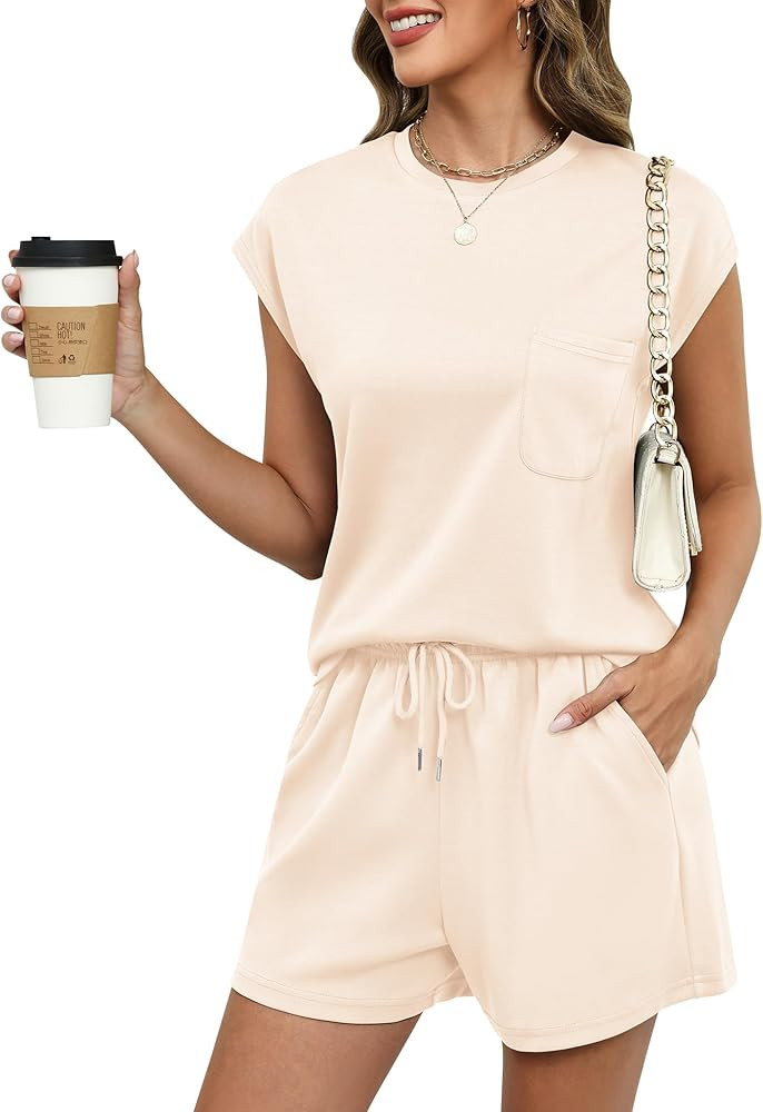 LOMON Two Piece Shorts Sets for Women Vacation Trendy Lounge Sets Crew Neck Matching Sets Cap Sle... | Amazon (US)