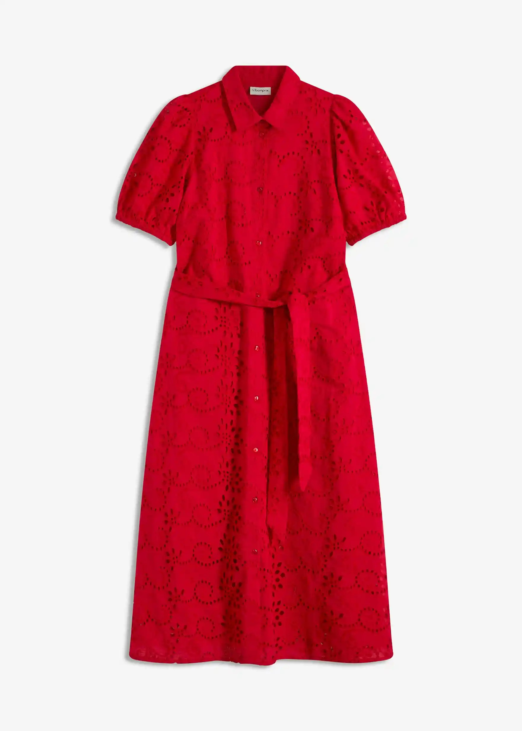 feminines lochstickerei-Blusenkleid aus reiner Baumwolle mit Bindeband in der Taille und Puffärm... | Bonprix DE