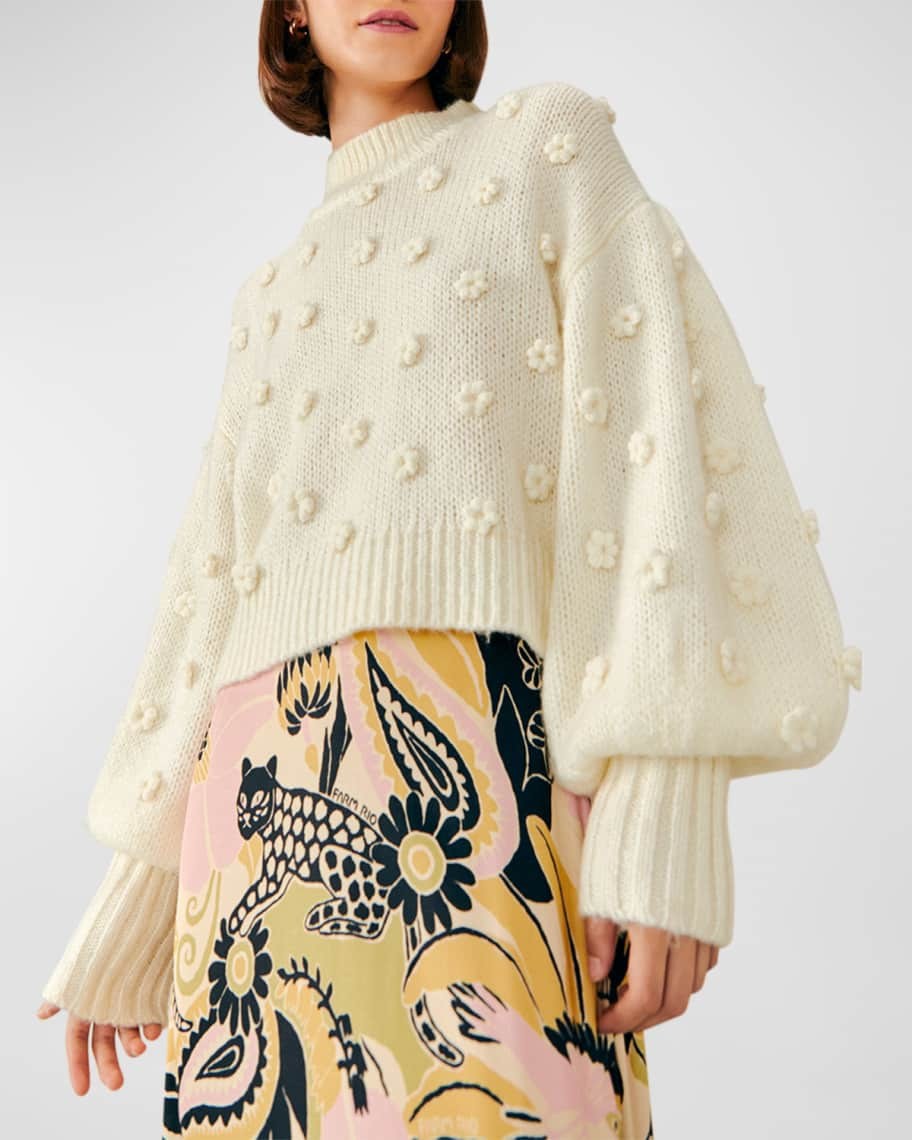 Farm Rio Floral Applique Lantern-Sleeve Sweater | Neiman Marcus