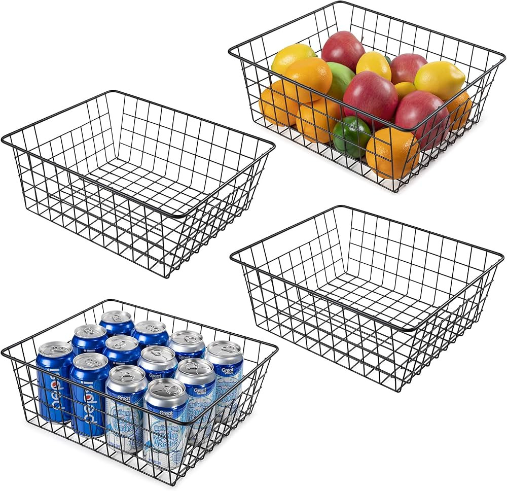Wire Storage Baskets for Organizing, Vtopmart 4 Pack Metal Wire Freezer Organizer Bins with Handles, Large Pantry Baskets for Kitchen Cabinets, Bathroom, Laundry, Garage, Black | Amazon (US)