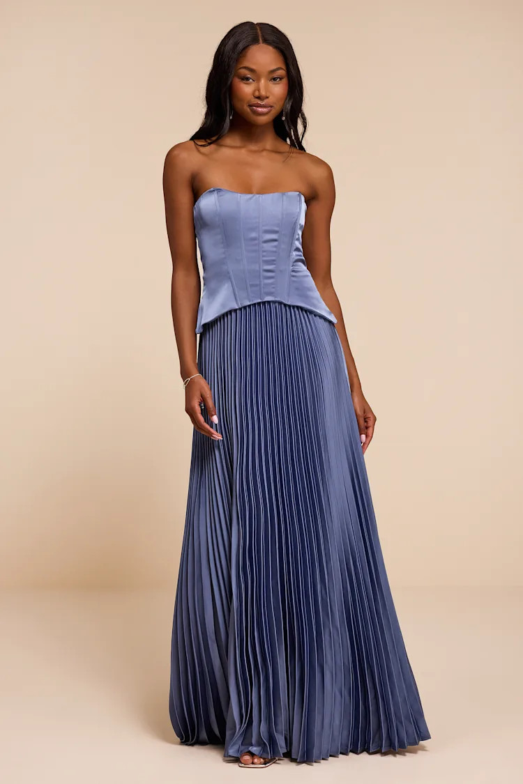 Makani Slate Blue Satin Bustier Maxi Dress | Lulus