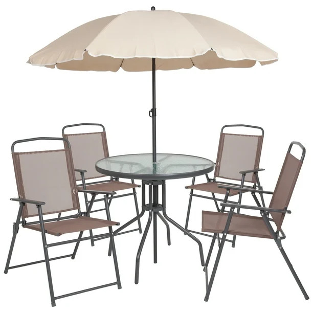 Flash Furniture 6 Piece Brown Patio Garden Set with Umbrella Table and Set of 4 Folding Chairs - ... | Walmart (US)