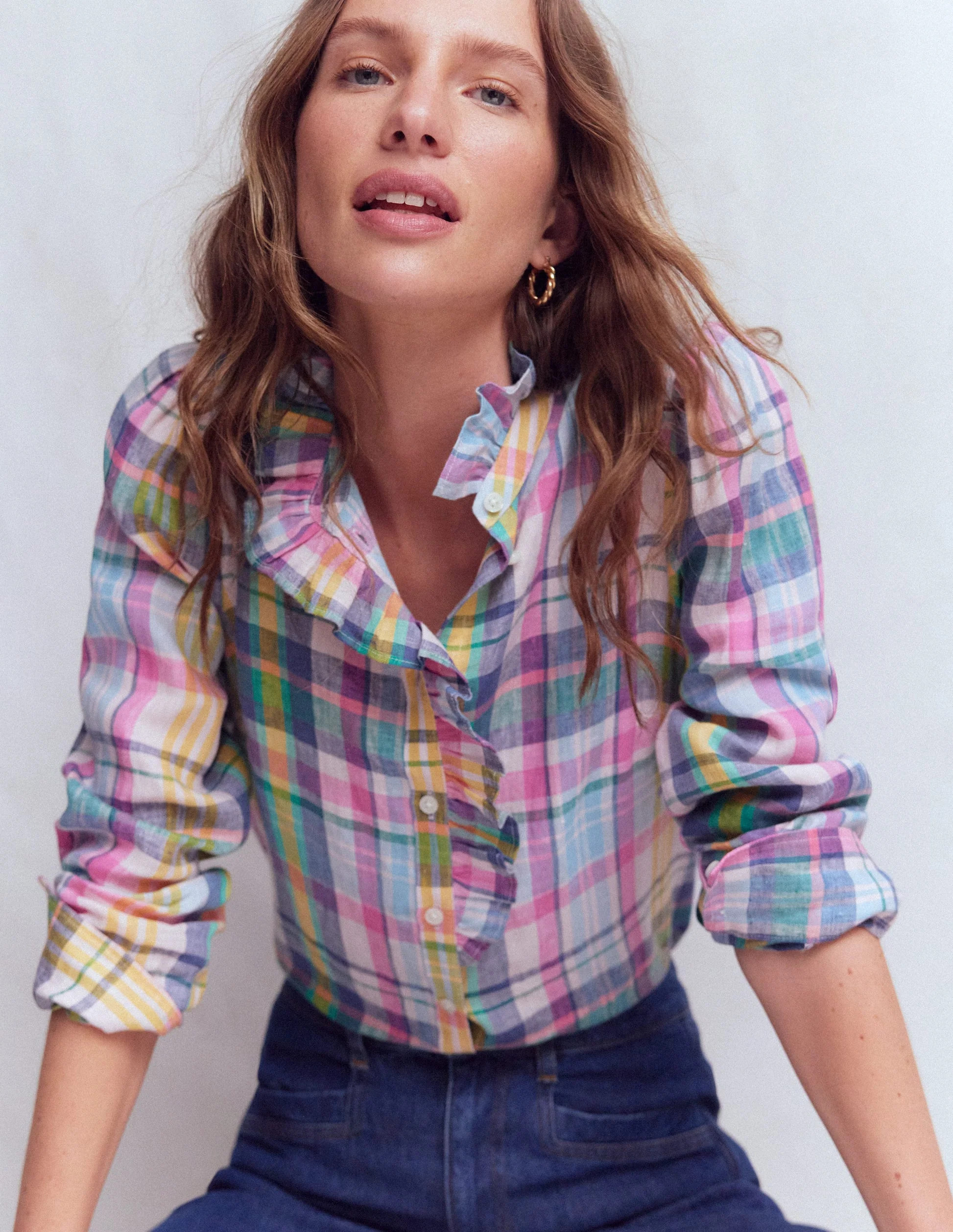 Isabel Ruffle Linen Shirt-Multi Check | Boden UK