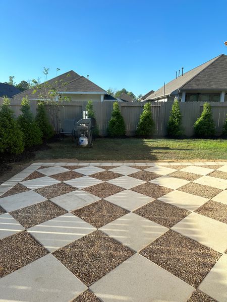 These are all the exact supplies I used to make our patio. I got 36 large pavers, I believeee 36 small to border it, and about 40 bags of pea gravel! 