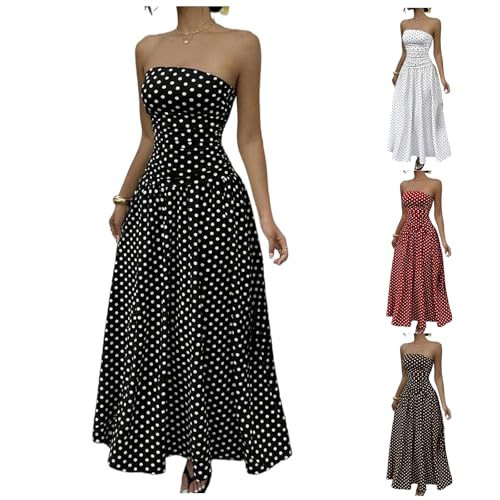 Canbebig Strapless Maxi Dress for Women Polka Dot Dress Women White and Black Polka Dot Dresses Swing Flowy Maxi Dresses | Amazon (US)