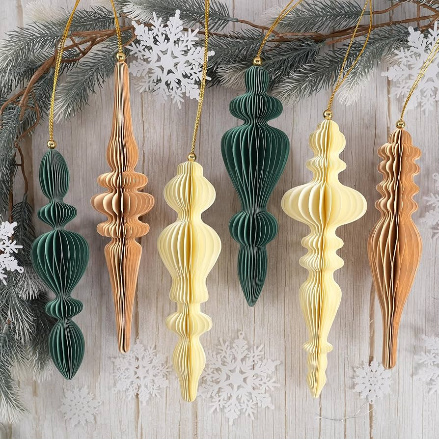 6Pcs Neutral Finial Christmas Ornaments for Tree, 3D Paper Honeycomb Hanging Decorations Vintage ... | Amazon (US)
