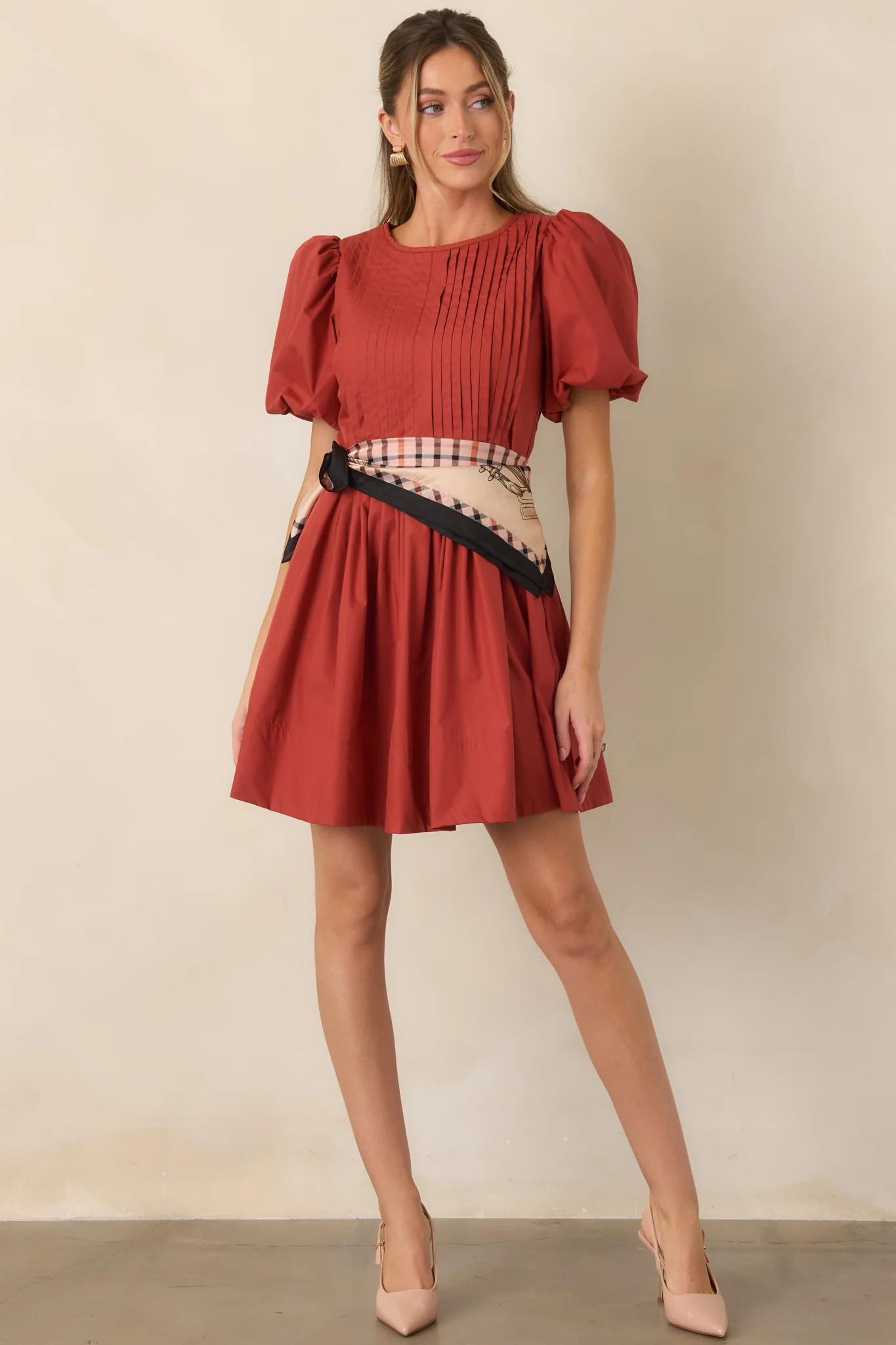 Pleats to Meet You Rust Red Pintuck Puff Sleeve Mini Dress | Red Dress
