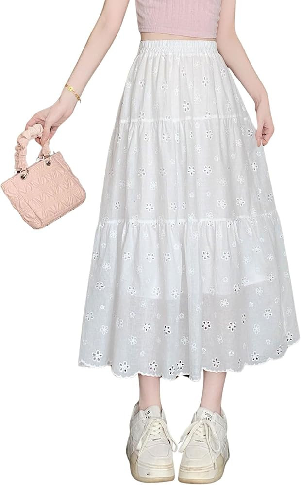 chouyatou Women's Lace Embroidery Eyelet Boho Skirt High Elastic Waisted Flowy Swing Midi Long Sk... | Amazon (US)