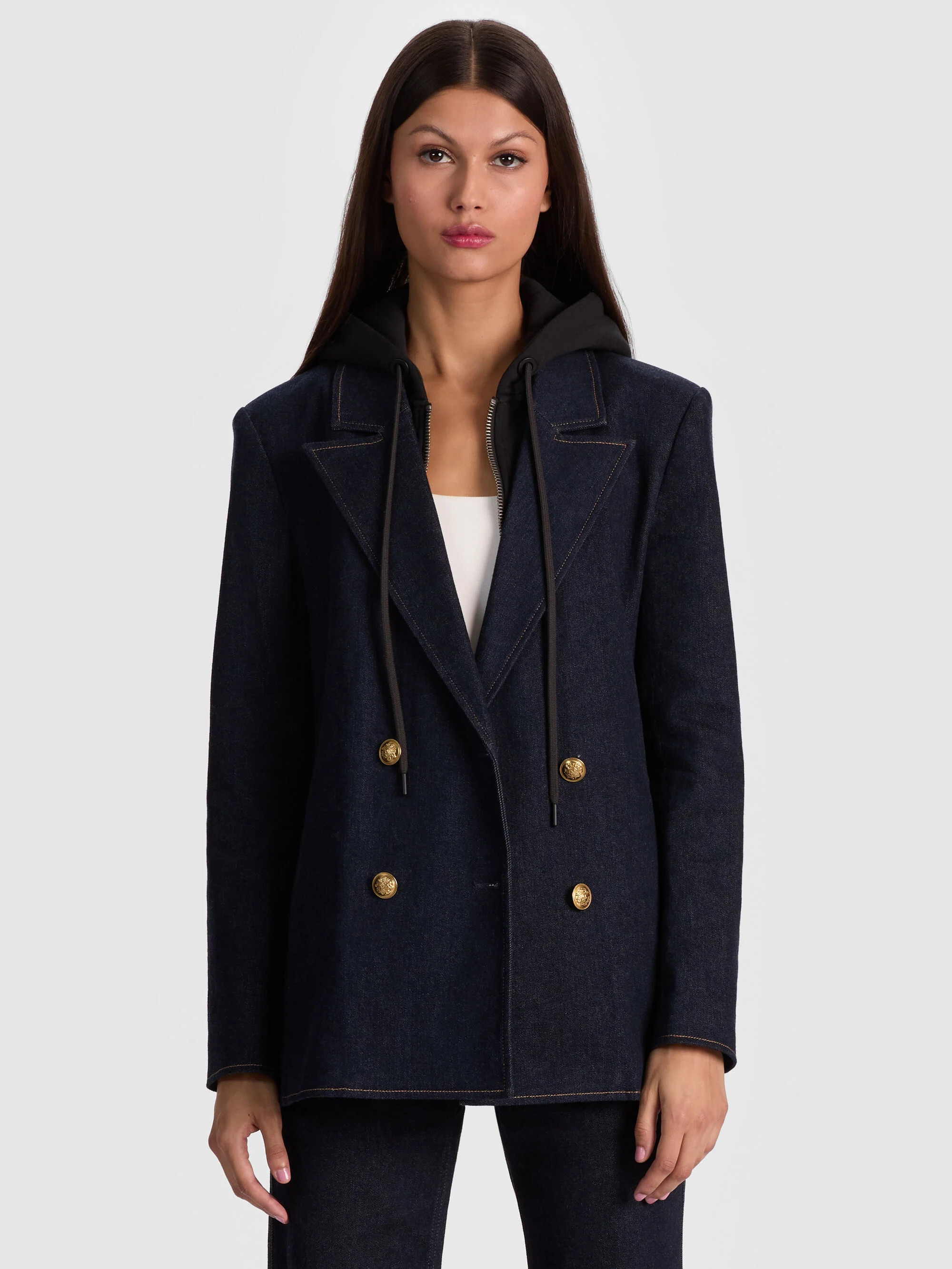 JORDAN DENIM BLAZER WITH REMOVABLE HOODIE | Alice + Olivia