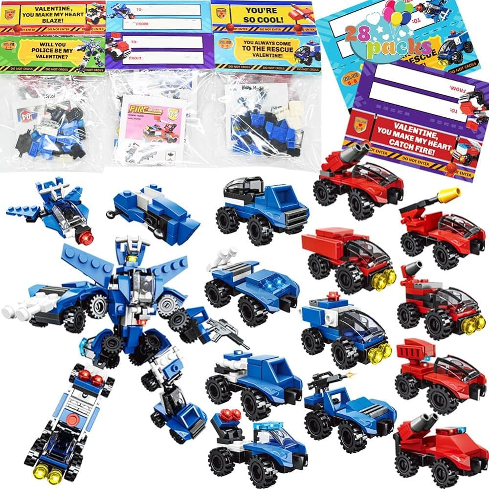 WODMAZ 28 Pack Valentines Day Cards with Vehicle Car Building Blocks for Kids Valentines Day Exch... | Amazon (US)
